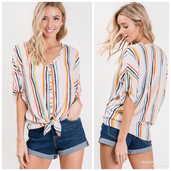 Tops - 🛍LAST 3! Blush Tie Front Striped Top!